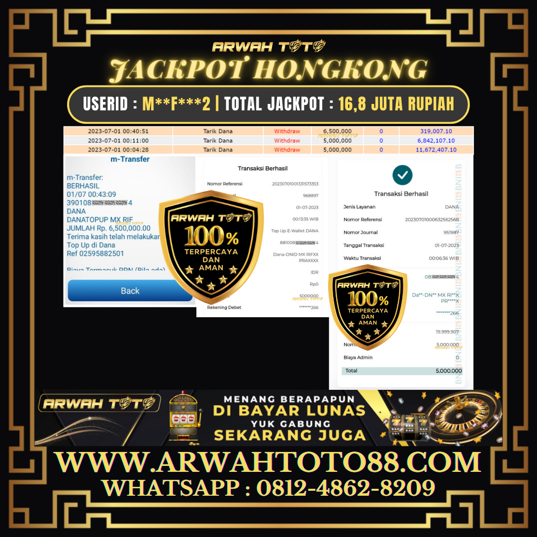 Bukti Pembayaran JP ARWAH TOTO LUNAS Jackpot TOTO Withdraw Berhasil Rp 16.850.000