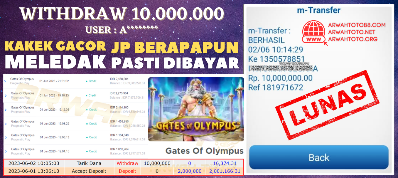 Bukti Pembayaran JP ARWAH TOTO LUNAS Jackpot SLOT Withdraw Berhasil Rp 10.000.000