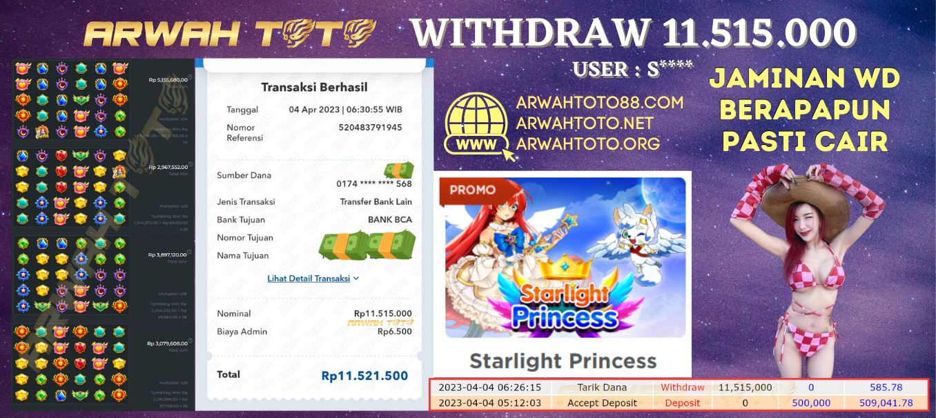 Bukti Pembayaran JP ARWAH TOTO LUNAS Jackpot SLOT Withdraw Berhasil Rp 11.515.000