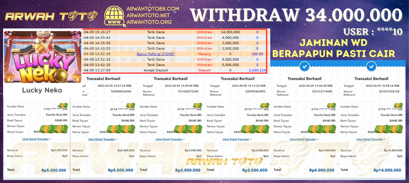 Bukti Pembayaran JP ARWAH TOTO LUNAS Jackpot SLOT Withdraw Berhasil Rp 34.000.000