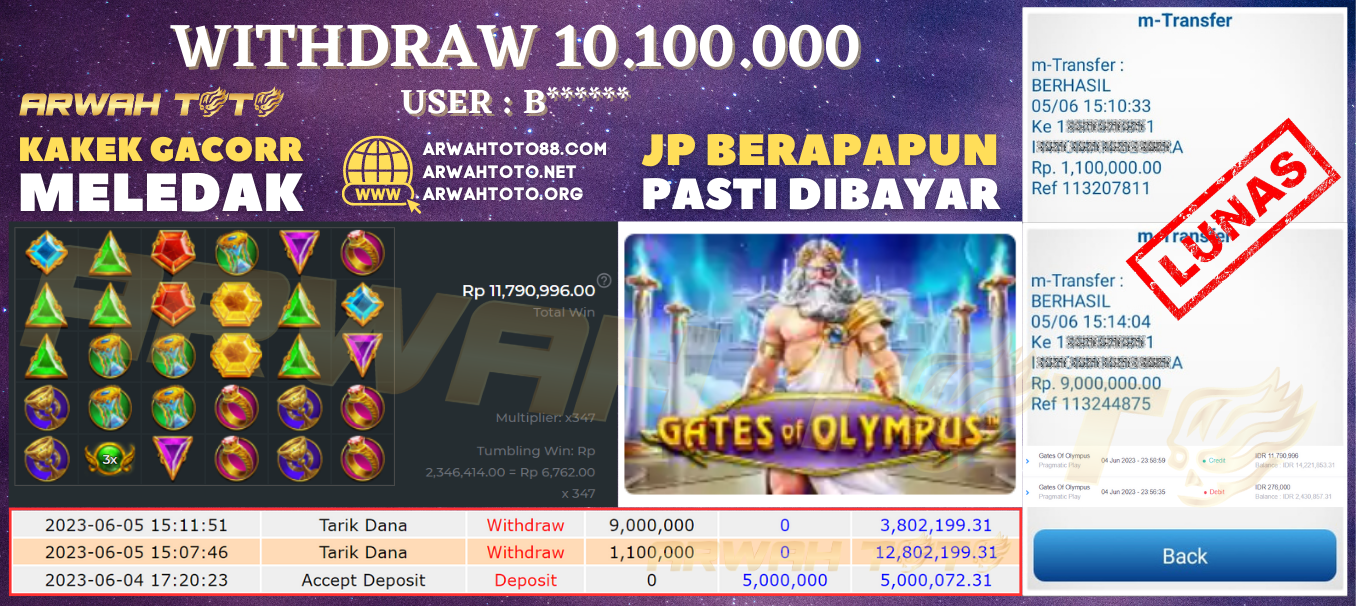Bukti Pembayaran JP ARWAH TOTO LUNAS Jackpot SLOT Withdraw Berhasil Rp 10.100.000