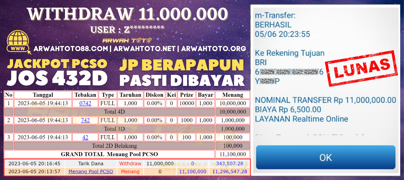 Bukti Pembayaran JP ARWAH TOTO LUNAS Jackpot PCSO Withdraw Berhasil Rp 11.000.000