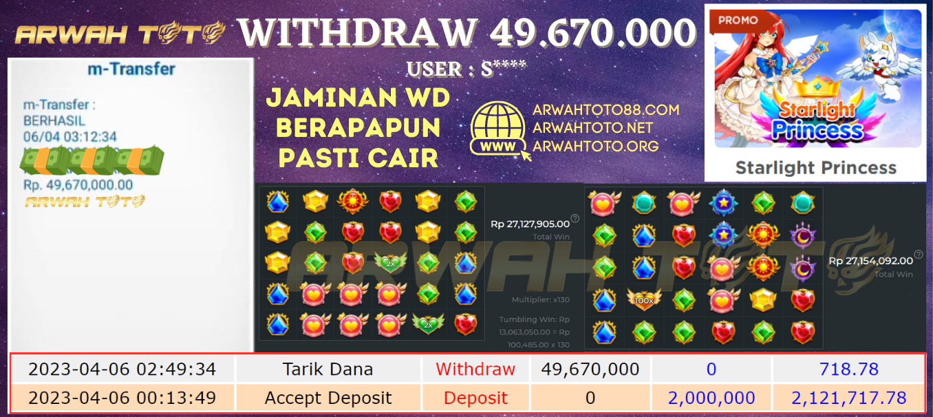 Bukti Pembayaran JP ARWAH TOTO LUNAS Jackpot SLOT Withdraw Berhasil Rp 49.670.000
