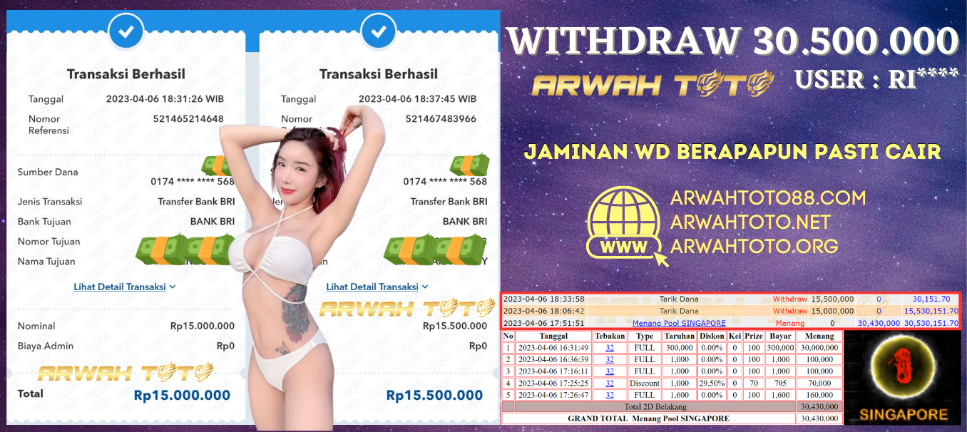 Bukti Pembayaran JP ARWAH TOTO LUNAS Jackpot SINGAPORE Withdraw Berhasil Rp 30.500.000