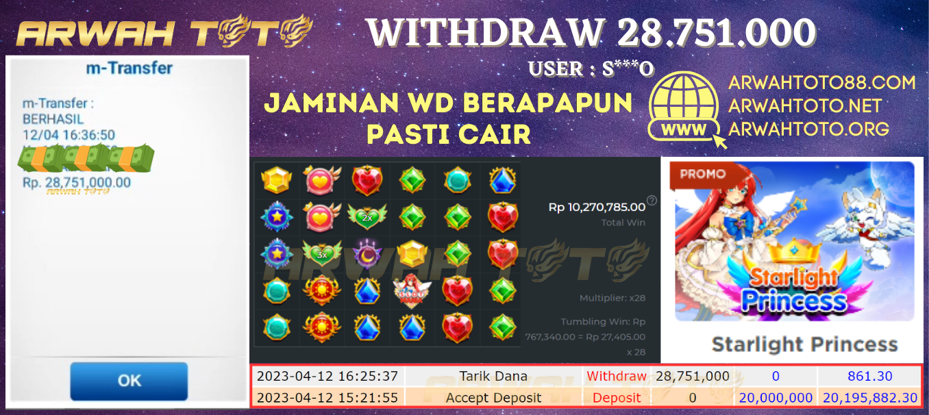 Bukti Pembayaran JP ARWAH TOTO LUNAS Jackpot SLOT Withdraw Berhasil Rp 28.751.000