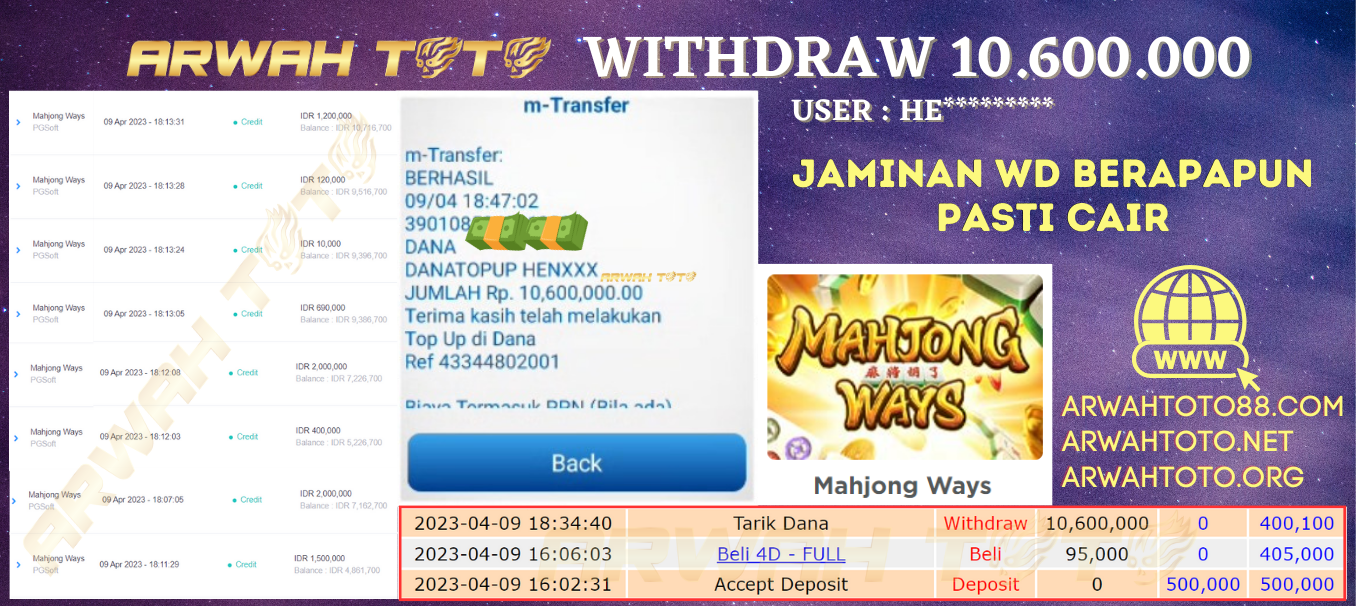 Bukti Pembayaran JP ARWAH TOTO LUNAS Jackpot SLOT Withdraw Berhasil Rp 10.600.000