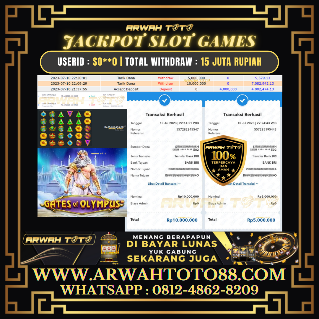 Bukti Pembayaran JP ARWAH TOTO LUNAS Jackpot SLOT Withdraw Berhasil Rp 15.000.000