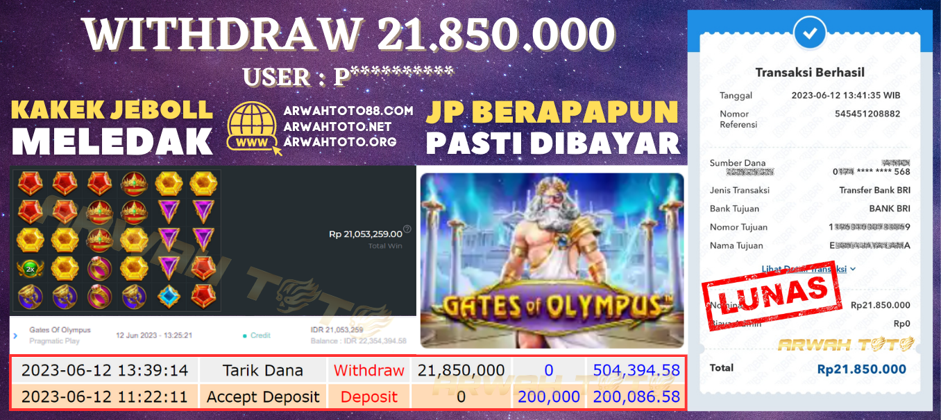 Bukti Pembayaran JP ARWAH TOTO LUNAS Jackpot SLOT Withdraw Berhasil Rp 21.850.000