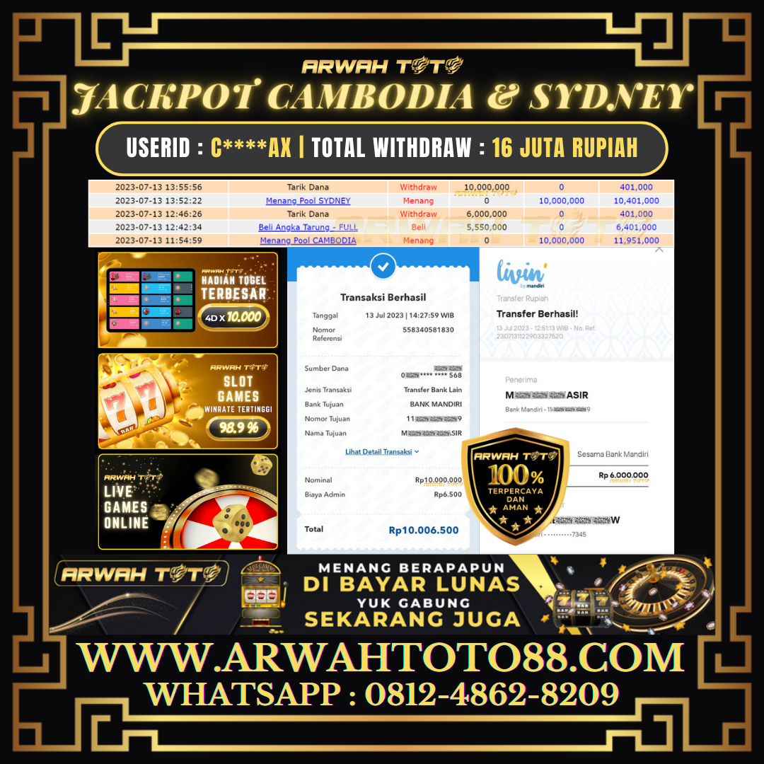 Bukti Pembayaran JP ARWAH TOTO LUNAS Jackpot Cambodia dan Sydney Withdraw Berhasil Rp 16.000.000
