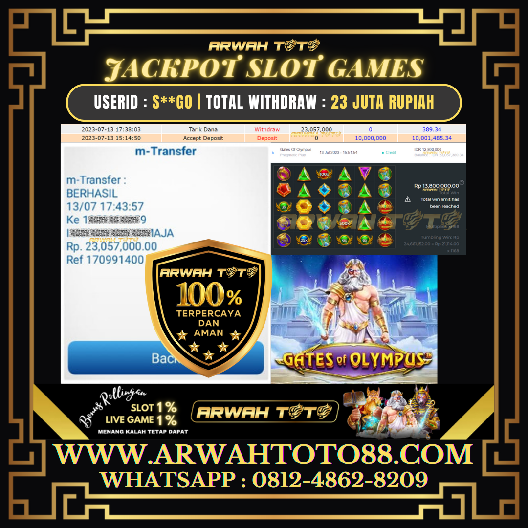 Bukti Pembayaran JP ARWAH TOTO LUNAS Jackpot SLOT Withdraw Berhasil Rp 23.057.000
