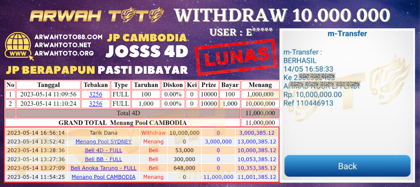 Bukti Pembayaran JP ARWAH TOTO LUNAS Jackpot CAMBODIA Withdraw Berhasil Rp 10.000.000