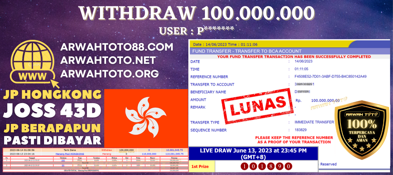 Bukti Pembayaran JP ARWAH TOTO LUNAS Jackpot SLOT Withdraw Berhasil Rp 100.000.000