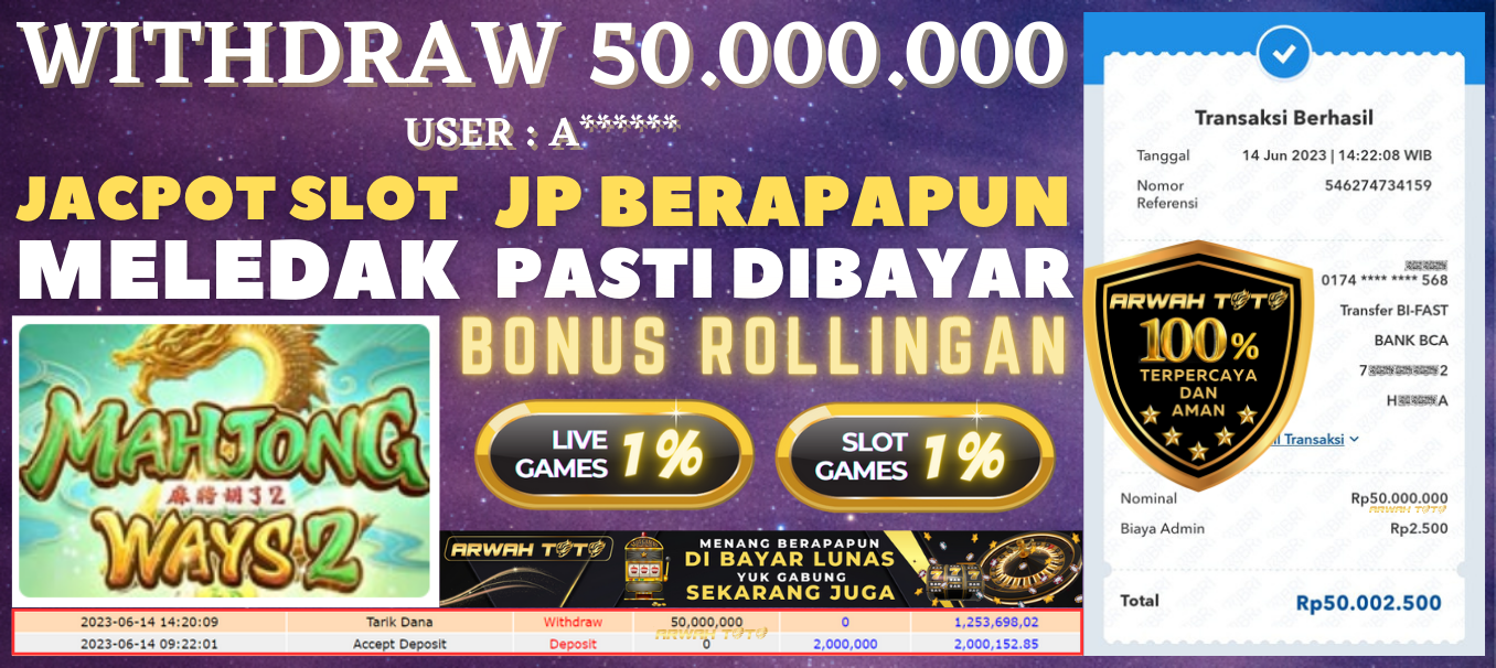 Bukti Pembayaran JP ARWAH TOTO LUNAS Jackpot SLOT Withdraw Berhasil Rp 50.000.000
