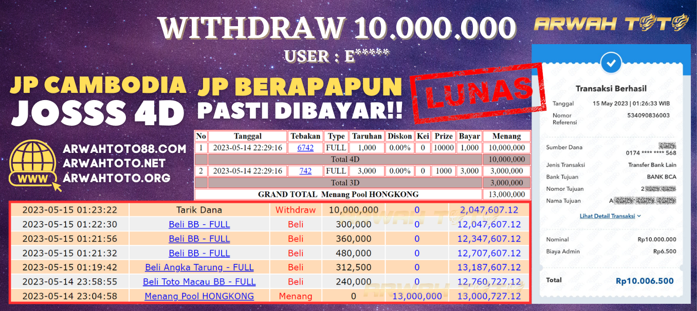 Bukti Pembayaran JP ARWAH TOTO LUNAS Jackpot HONGKONG Withdraw Berhasil Rp 10.000.000