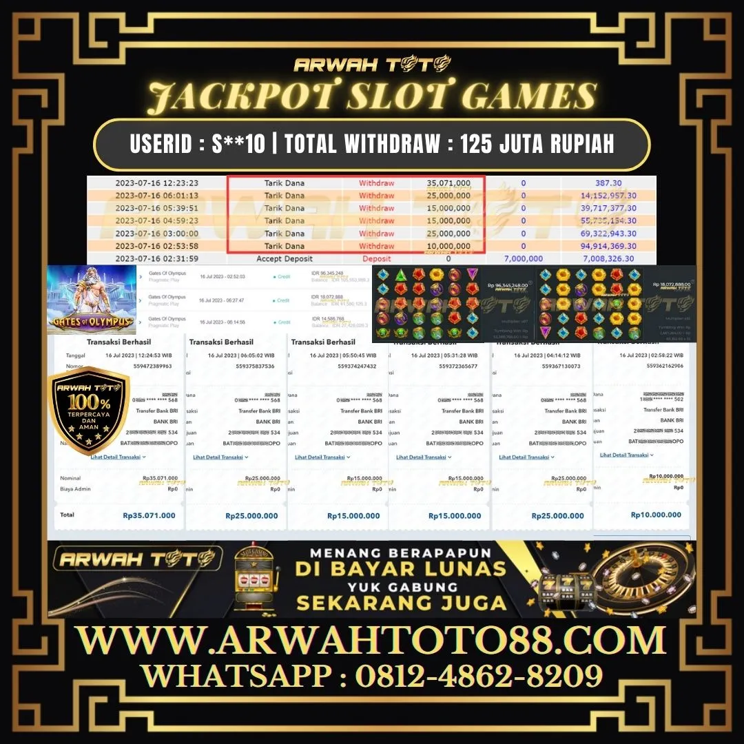 Bukti Pembayaran JP ARWAH TOTO LUNAS Jackpot SLOT Withdraw Berhasil Rp 125.071.000