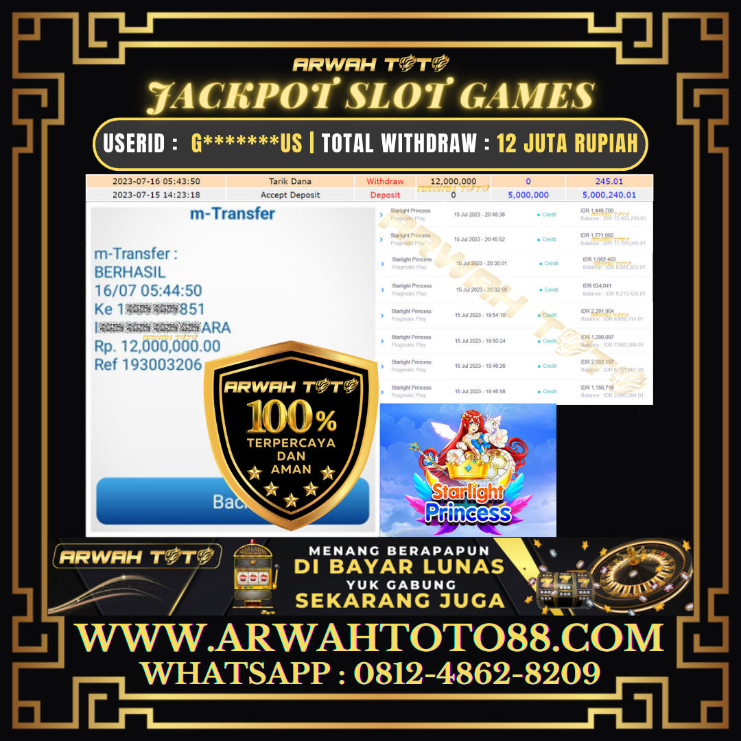 Bukti Pembayaran JP ARWAH TOTO LUNAS Jackpot SLOT Withdraw Berhasil Rp 12.000.000