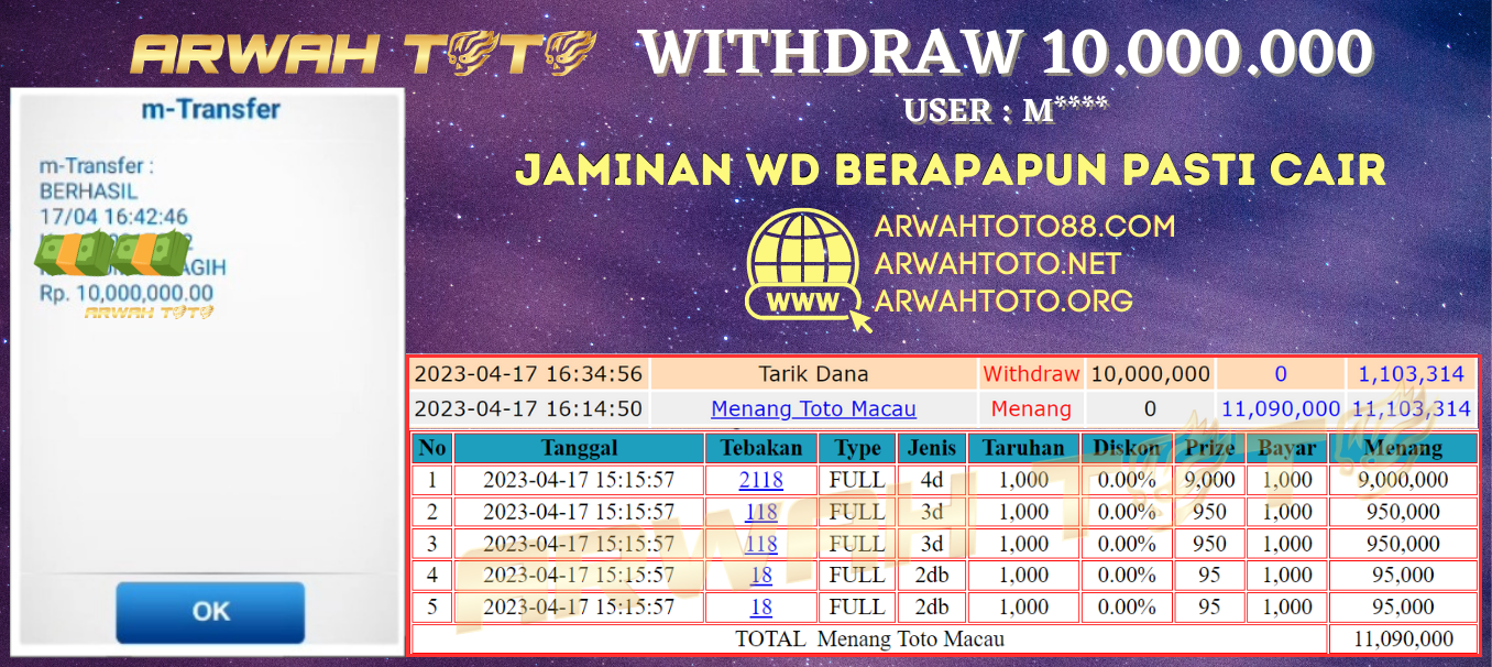 Bukti Pembayaran JP ARWAH TOTO LUNAS Jackpot SLOT Withdraw Berhasil Rp 10.000.000