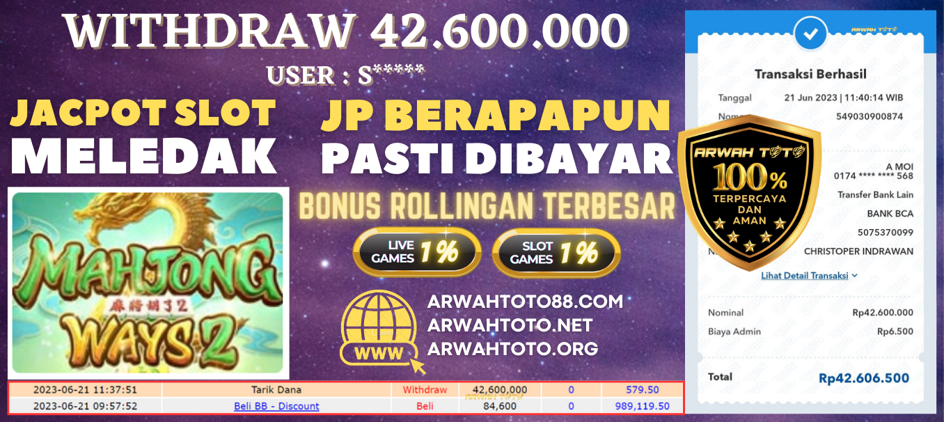 Bukti Pembayaran JP ARWAH TOTO LUNAS Jackpot SLOT Withdraw Berhasil Rp 42.000.000