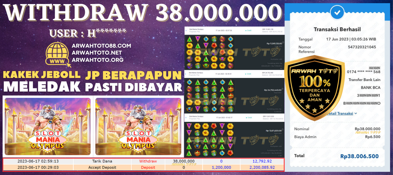 Bukti Pembayaran JP ARWAH TOTO LUNAS Jackpot SLOT Withdraw Berhasil Rp 38.000.000