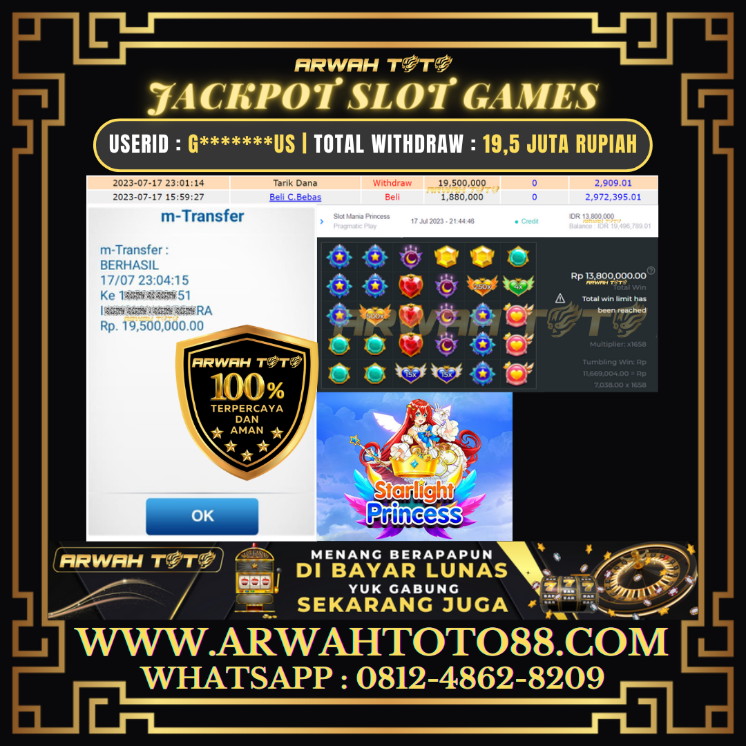 Bukti Pembayaran JP ARWAH TOTO LUNAS Jackpot SLOT Withdraw Berhasil Rp 19.500.000