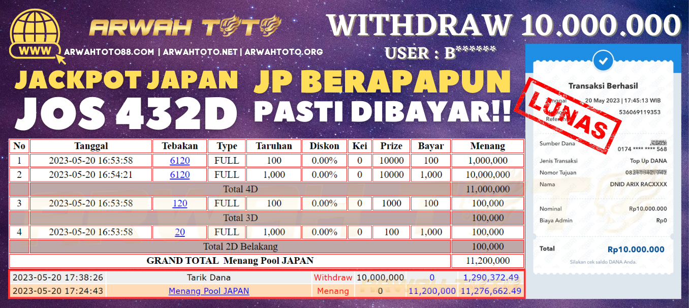 Bukti Pembayaran JP ARWAH TOTO LUNAS Jackpot JAPAN Withdraw Berhasil Rp 10.000.000