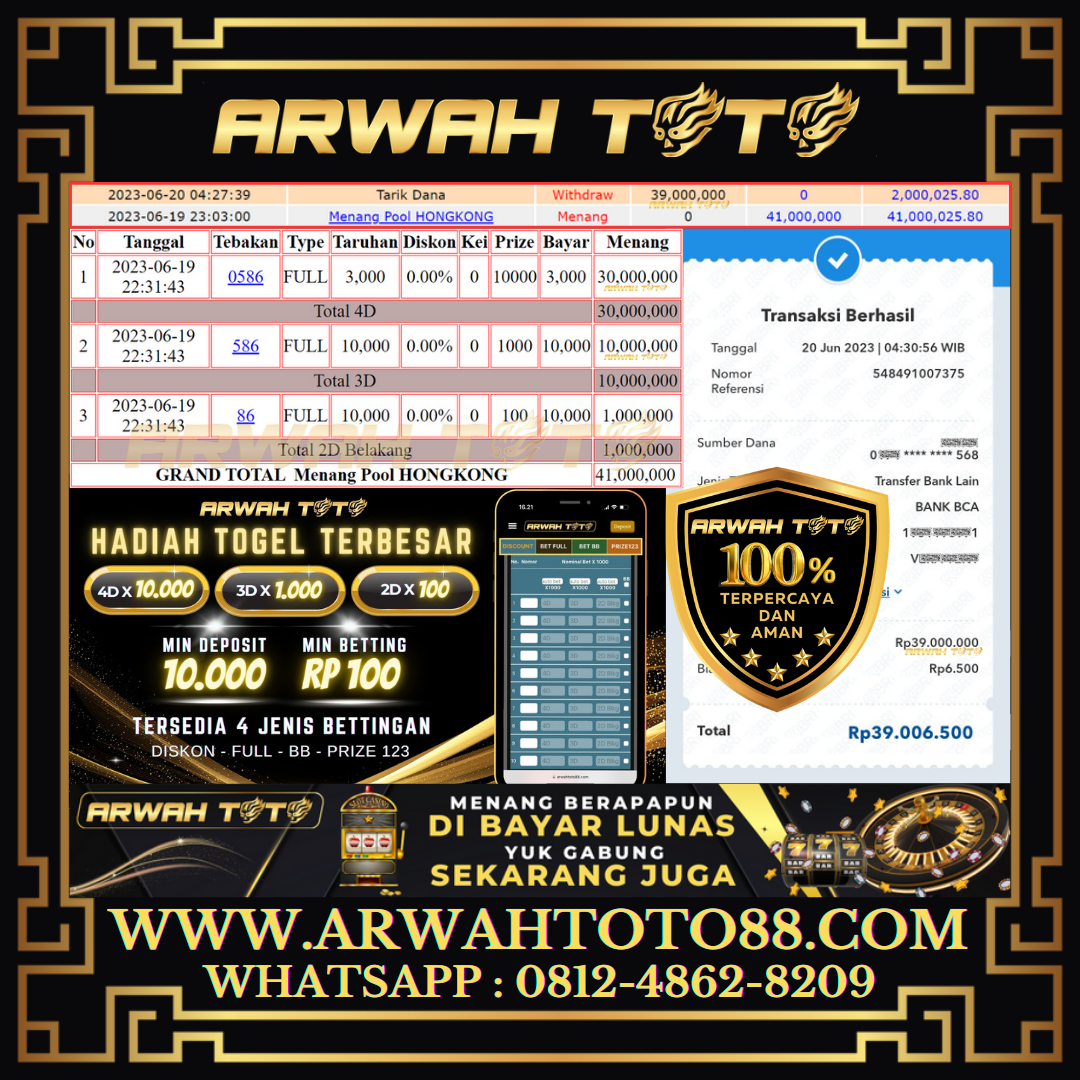 Bukti Pembayaran JP ARWAH TOTO LUNAS Jackpot HONGKONG Withdraw Berhasil Rp 39.000.000