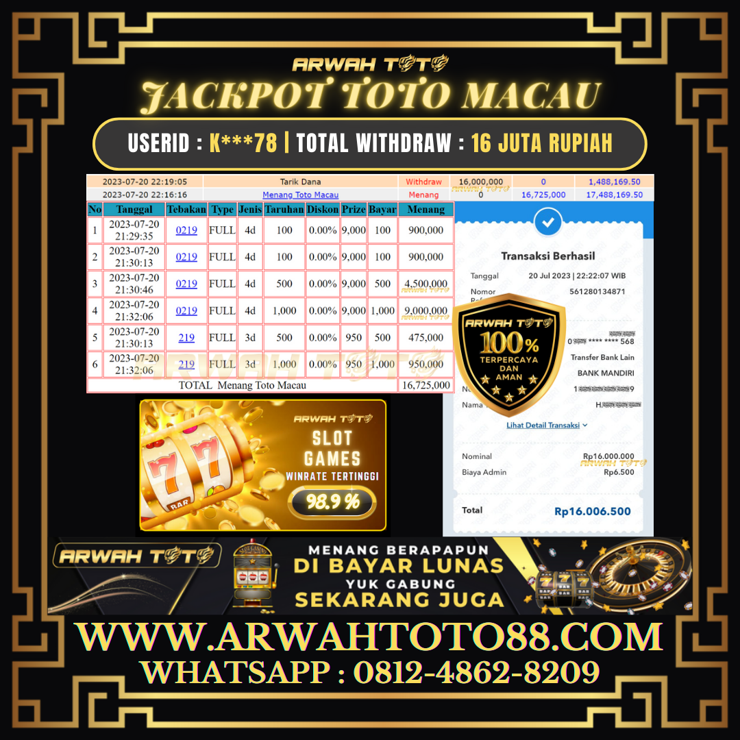 Bukti Pembayaran JP ARWAH TOTO LUNAS Jackpot TOTO MACAU P4 Withdraw Berhasil Rp 16.000.000