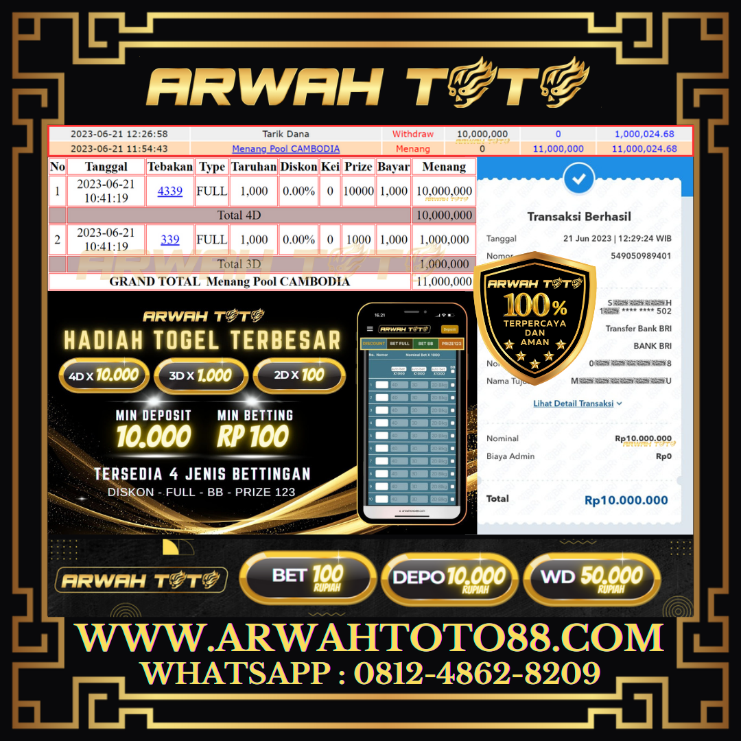 Bukti Pembayaran JP ARWAH TOTO LUNAS Jackpot CAMBODIA Withdraw Berhasil Rp 10.000.000