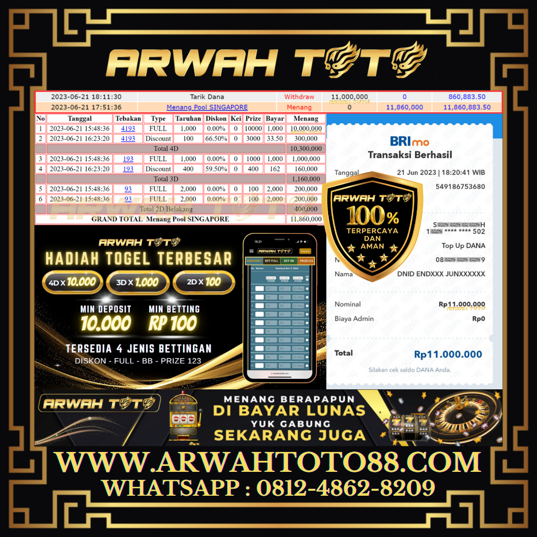 Bukti Pembayaran JP ARWAH TOTO LUNAS Jackpot SINGAPORE Withdraw Berhasil Rp 11.000.000