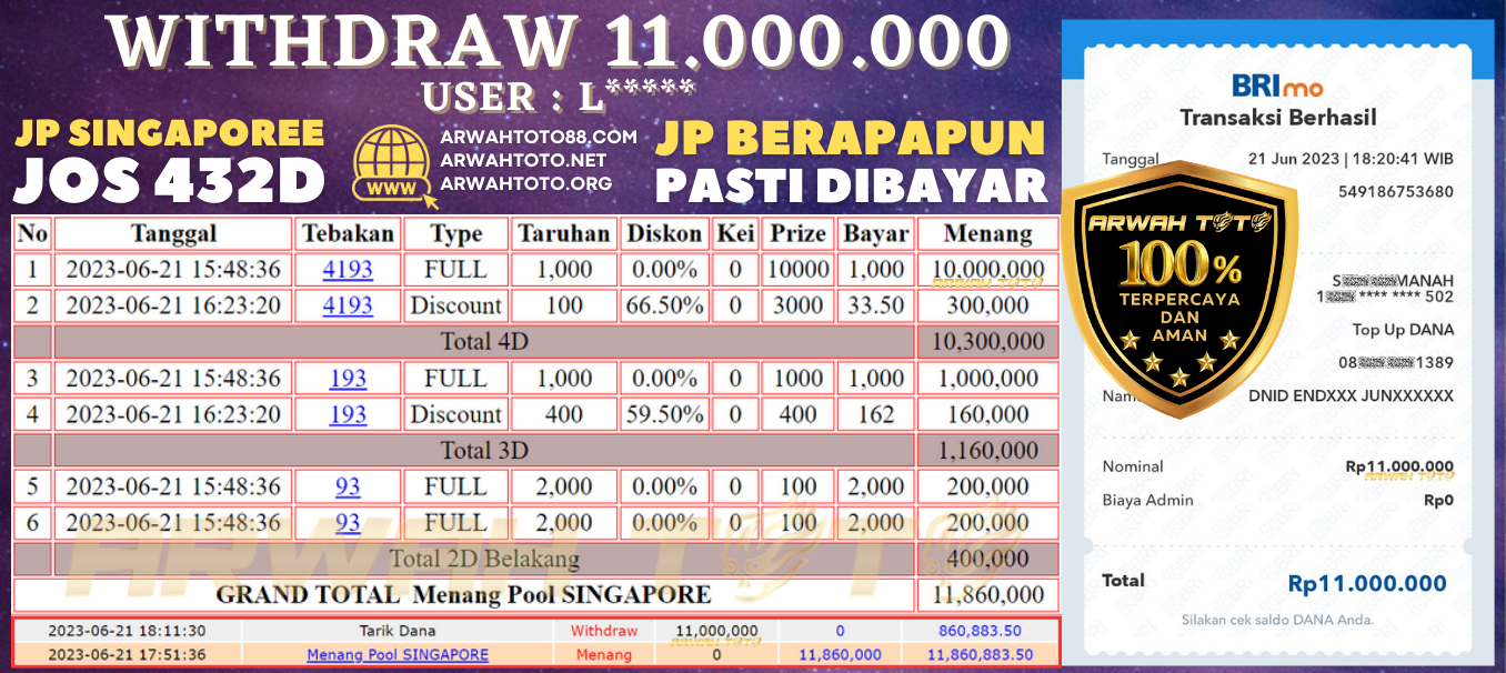 Bukti Pembayaran JP ARWAH TOTO LUNAS Jackpot SINGAPORE Withdraw Berhasil Rp 11.000.000