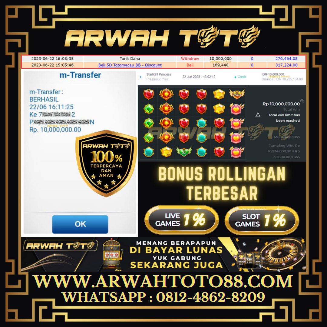 Bukti Pembayaran JP ARWAH TOTO LUNAS Jackpot SLOT Withdraw Berhasil Rp 10.000.000