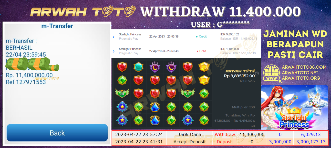 Bukti Pembayaran JP ARWAH TOTO LUNAS Jackpot SLOT Withdraw Berhasil Rp 11.400.000