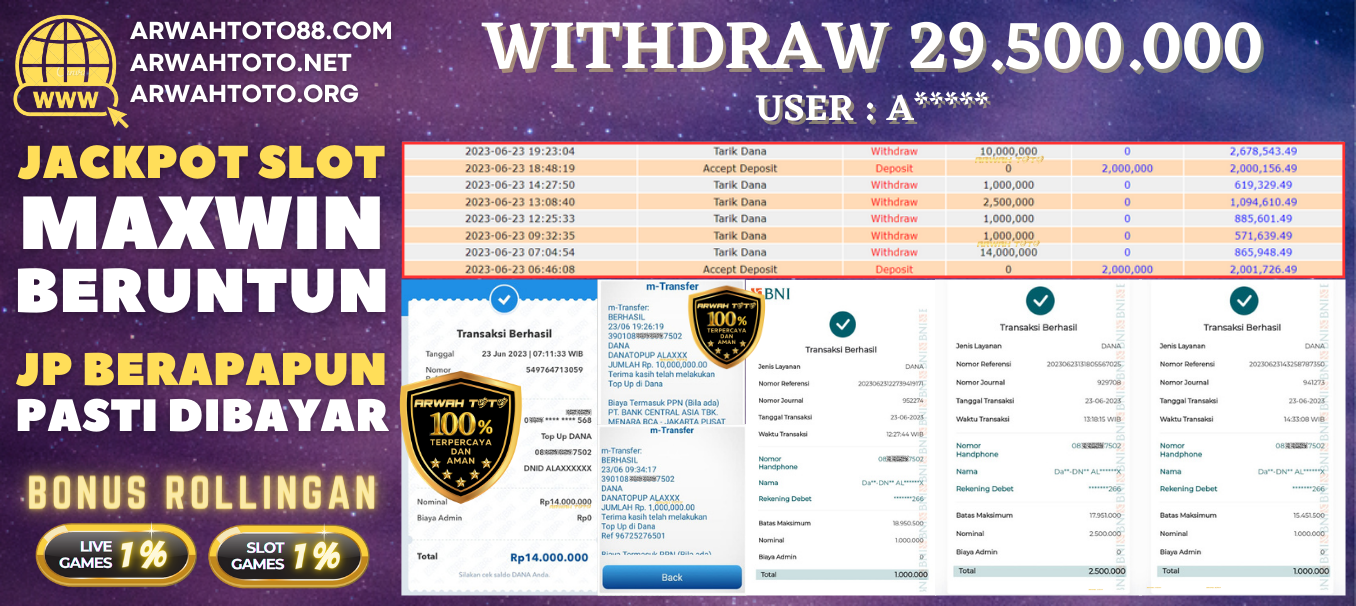 Bukti Pembayaran JP ARWAH TOTO LUNAS Jackpot SLOT Withdraw Berhasil Rp 29.500.000