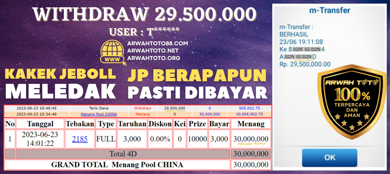 Bukti Pembayaran JP ARWAH TOTO LUNAS Jackpot CHINA Withdraw Berhasil Rp 29.500.000