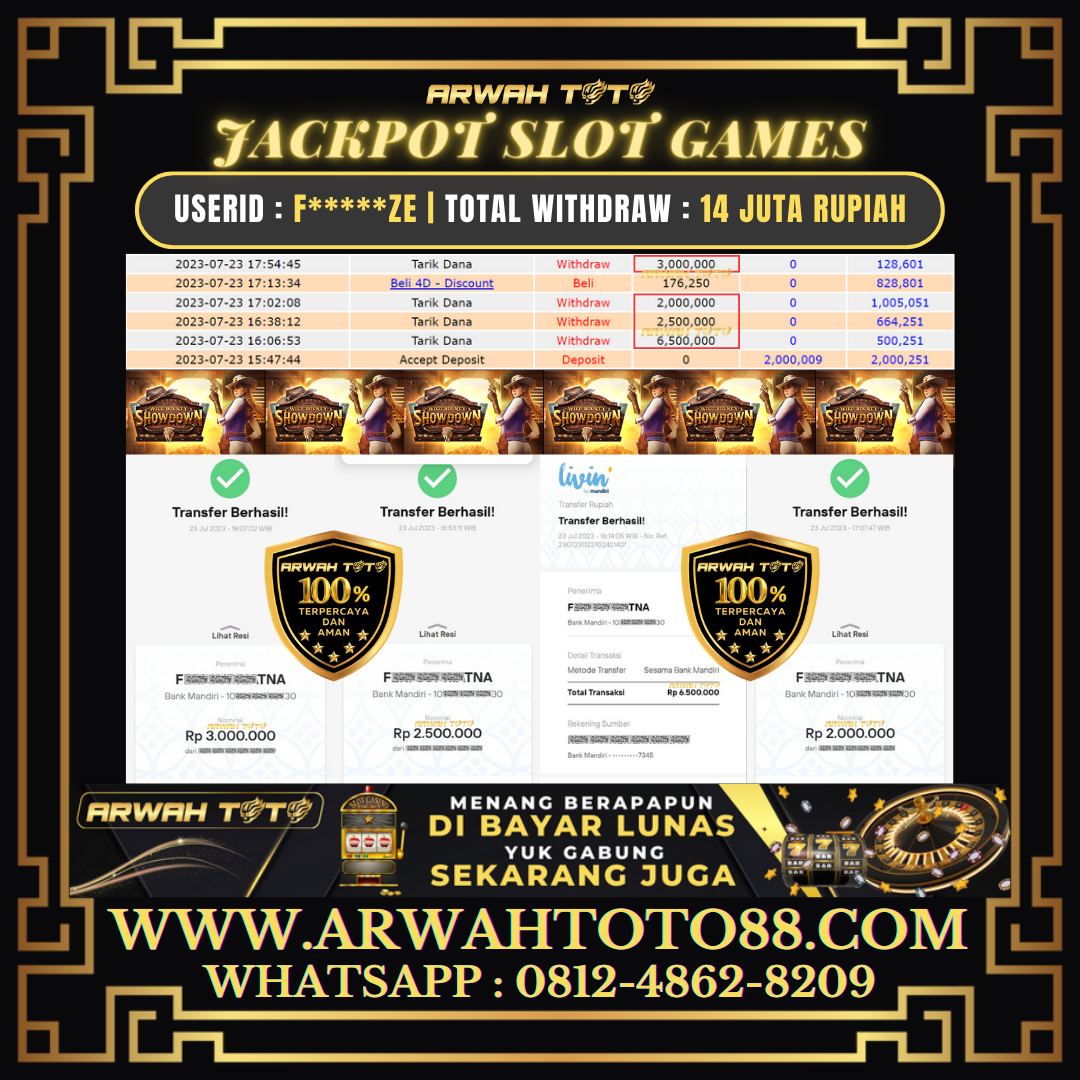 Bukti Pembayaran JP ARWAH TOTO LUNAS Jackpot SLOT Withdraw Berhasil Rp 14.000.000