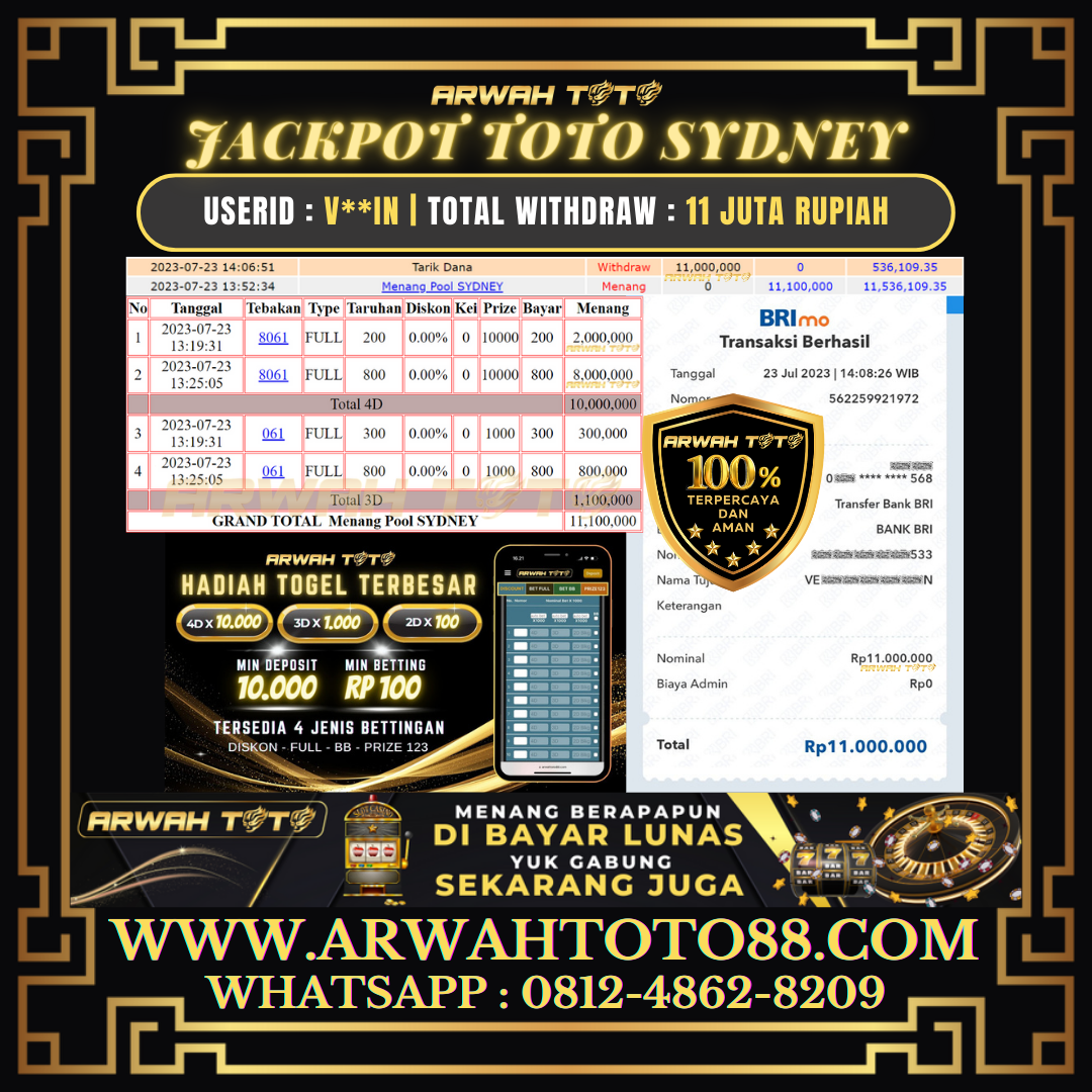 Bukti Pembayaran JP ARWAH TOTO LUNAS Jackpot TOTO SYDNEY Withdraw Berhasil Rp 11.000.000