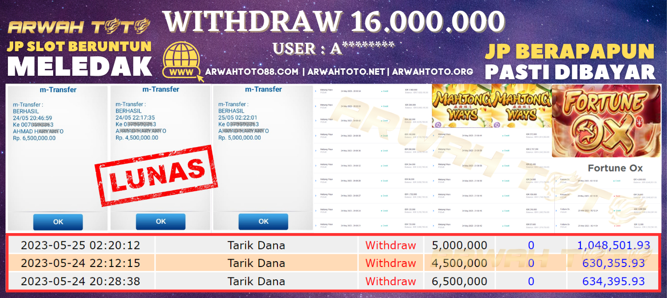 Bukti Pembayaran JP ARWAH TOTO LUNAS Jackpot SLOT Withdraw Berhasil Rp 16.000.000