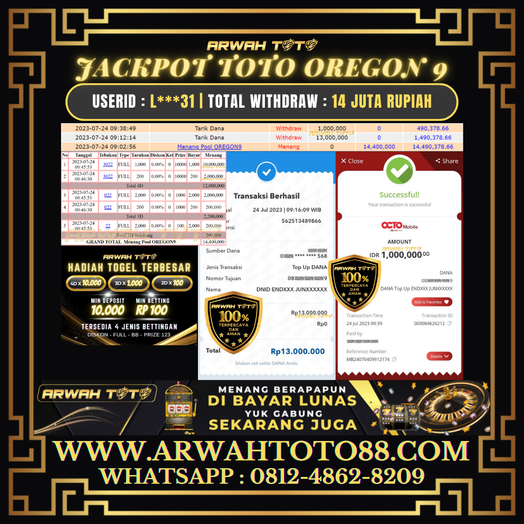 Bukti Pembayaran JP ARWAH OREGON9 Withdraw Berhasil Rp 14.000.000