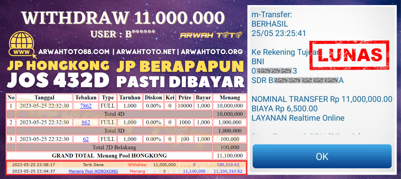 Bukti Pembayaran JP ARWAH TOTO LUNAS Jackpot HONGKONG Withdraw Berhasil Rp 11.000.000