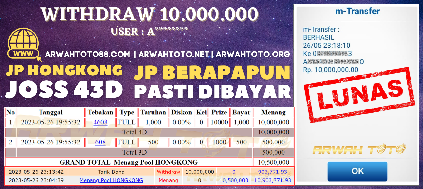 Bukti Pembayaran JP ARWAH TOTO LUNAS Jackpot HONGKONG Withdraw Berhasil Rp 10.000.000