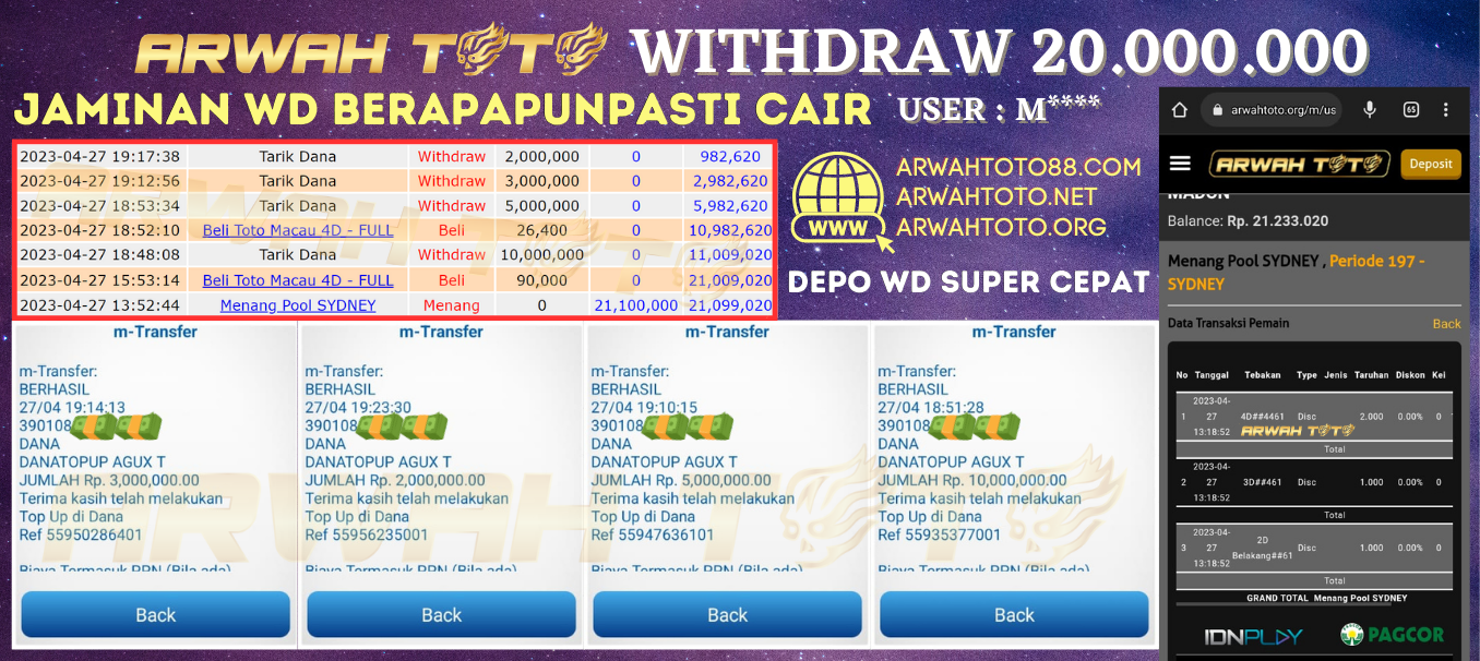 Bukti Pembayaran JP ARWAH TOTO LUNAS Jackpot SYDNEY Withdraw Berhasil Rp 20.000.000