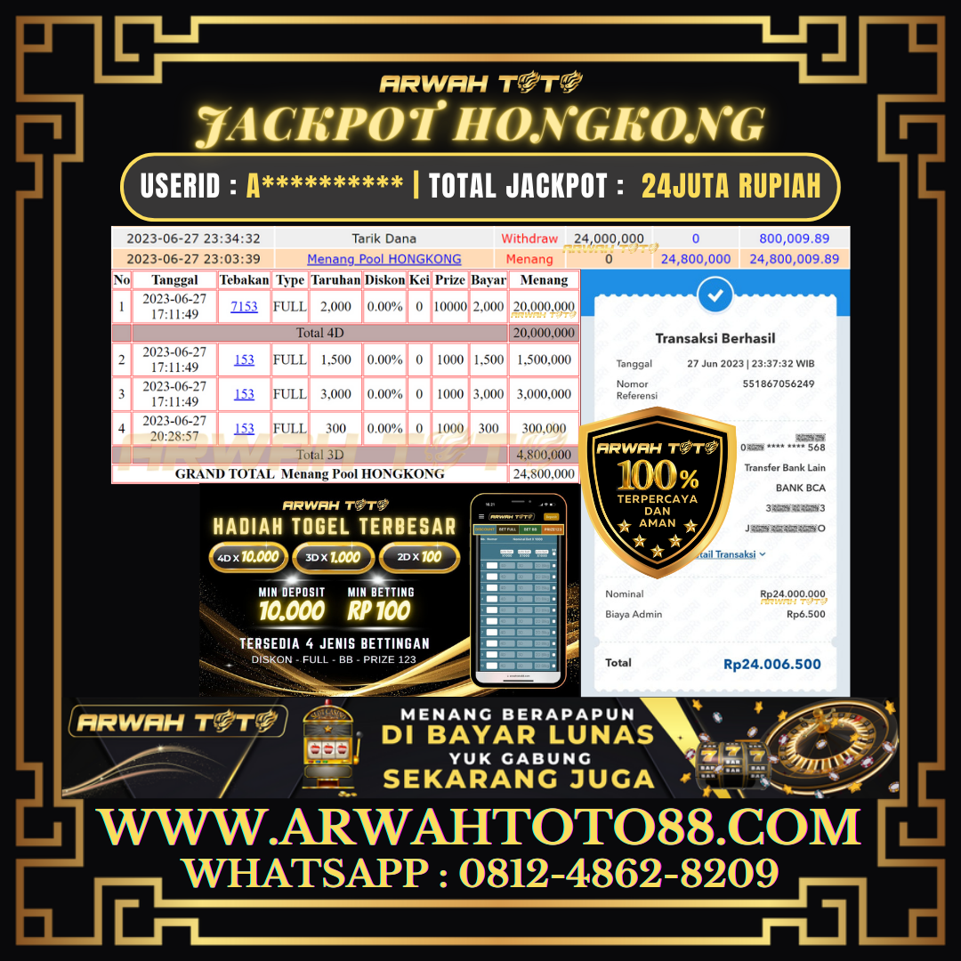Bukti Pembayaran JP ARWAH TOTO LUNAS Jackpot HONGKONG Withdraw Berhasil Rp 24.000.000
