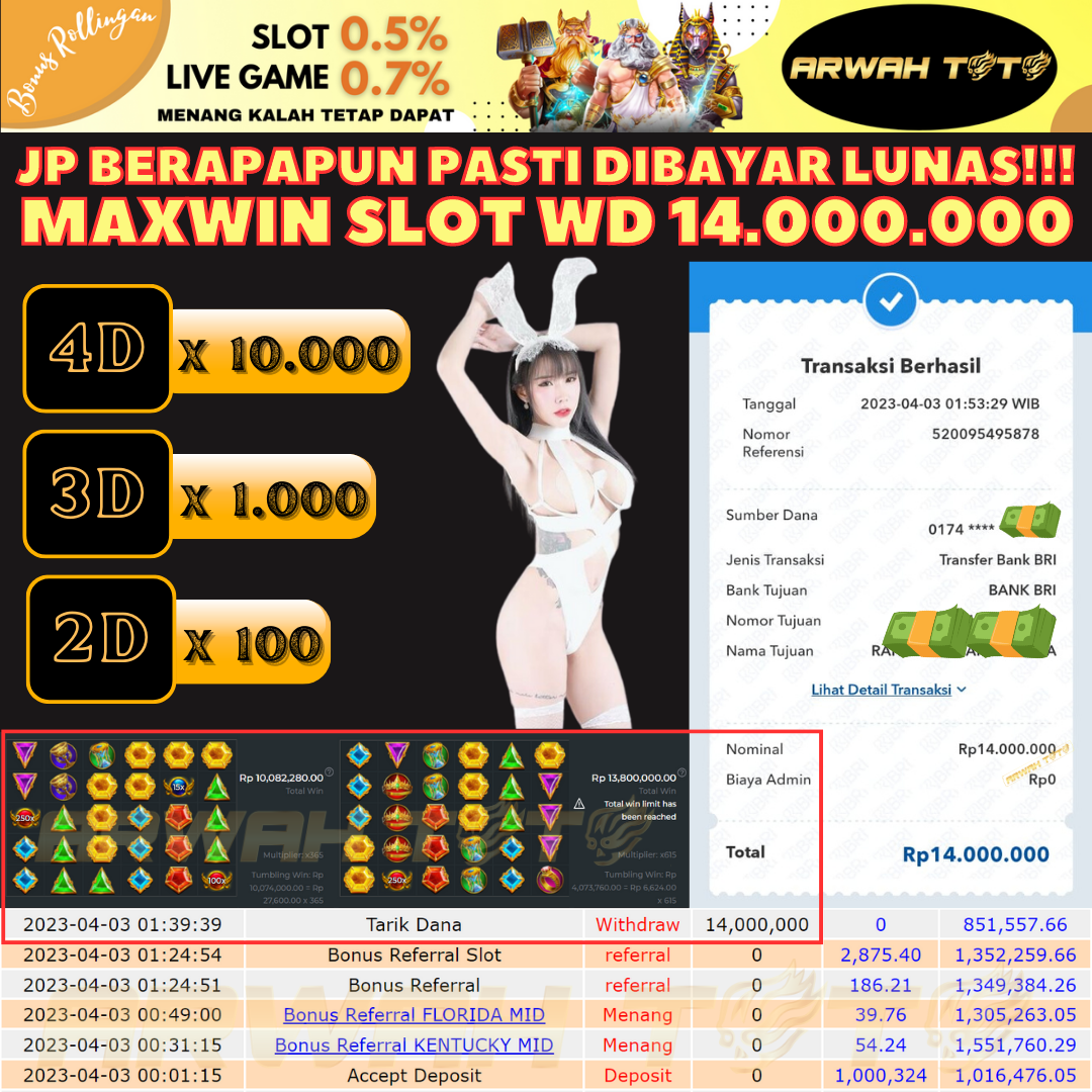 Bukti Pembayaran JP ARWAH TOTO LUNAS Jackpot SLOT Withdraw Berhasil Rp 14.000.000