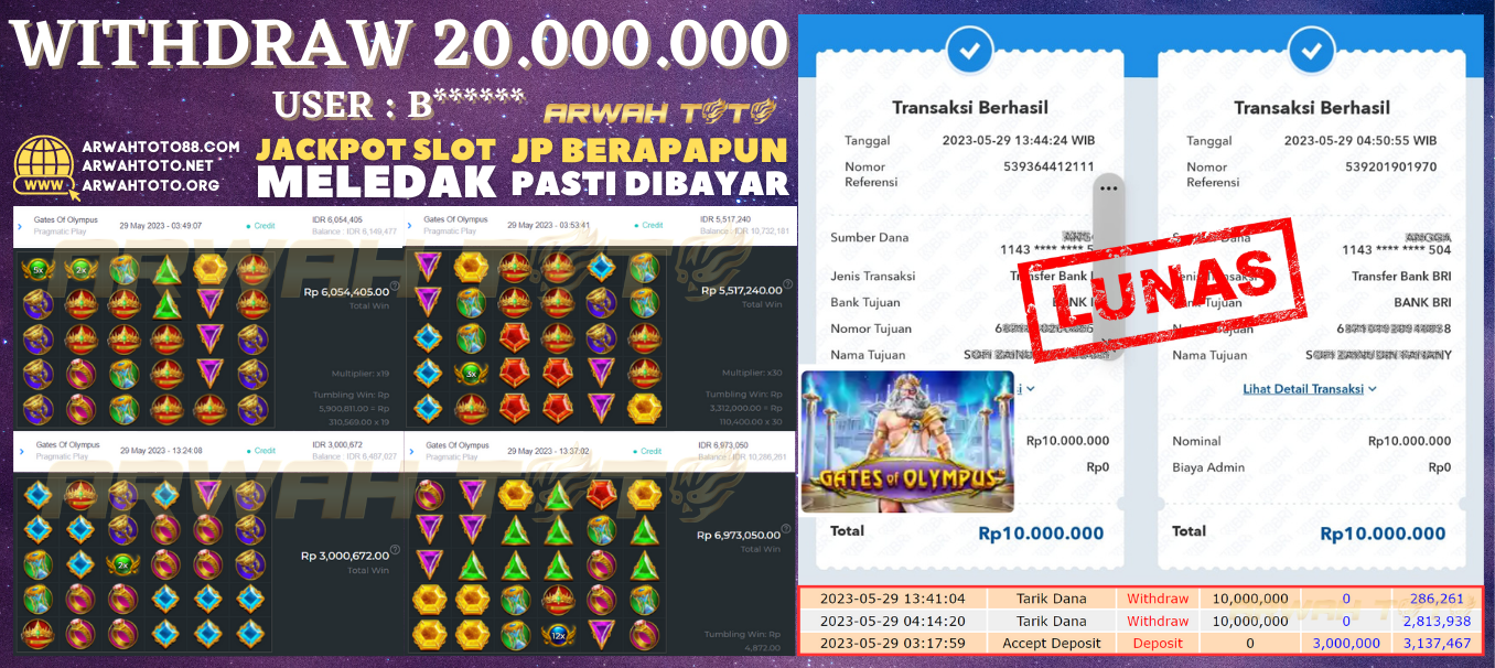 Bukti Pembayaran JP ARWAH TOTO LUNAS Jackpot SLOT Withdraw Berhasil Rp 20.000.000