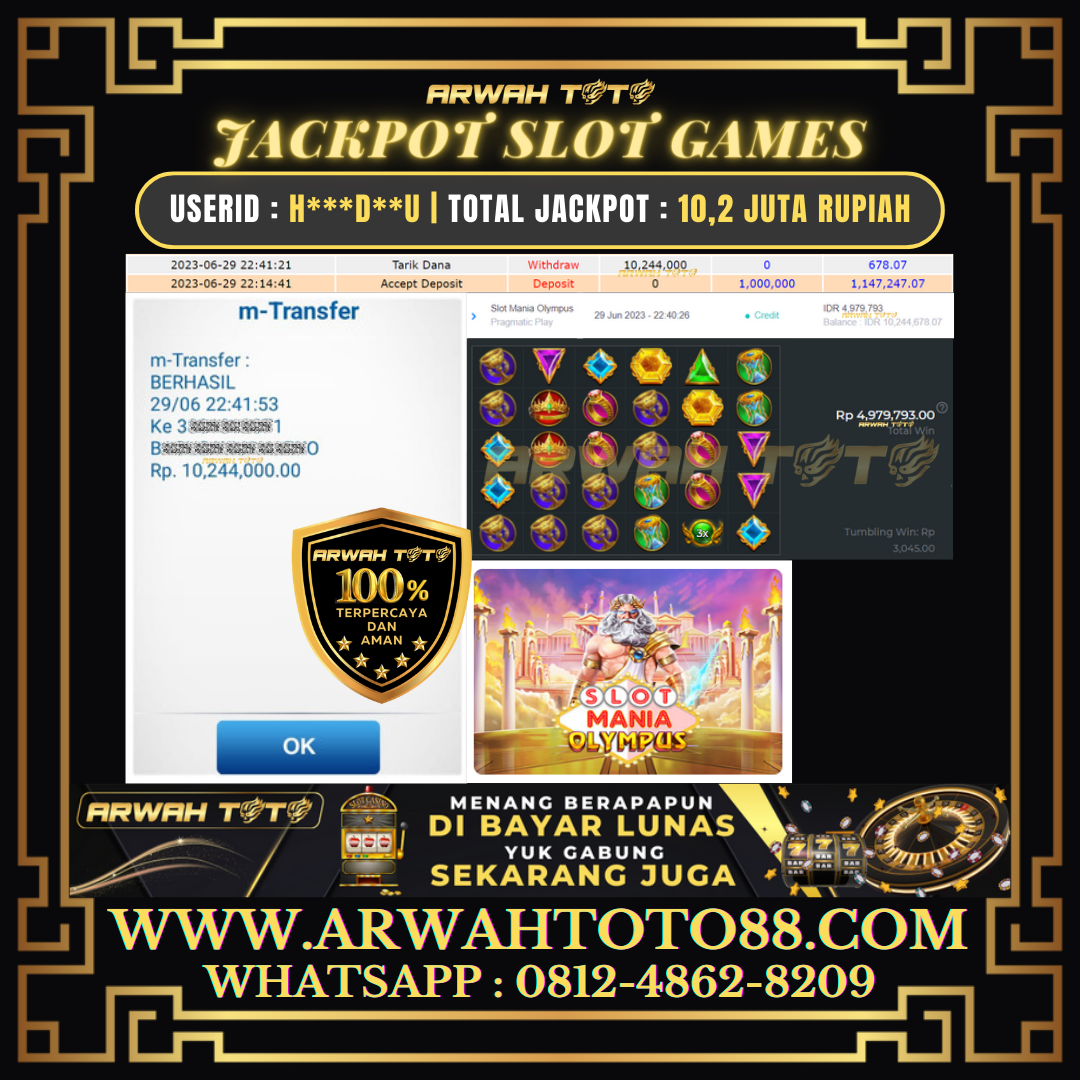 Bukti Pembayaran JP ARWAH TOTO LUNAS Jackpot SLOT Withdraw Berhasil Rp 10.244.000