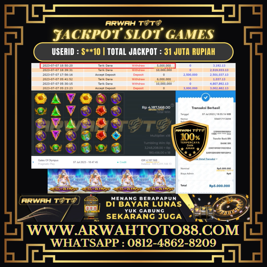 Bukti Pembayaran JP ARWAH TOTO LUNAS Jackpot SLOT Withdraw Berhasil Rp 31.000.000