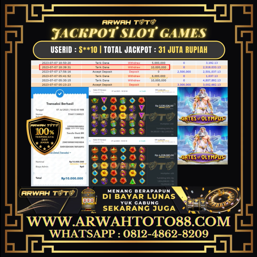 Bukti Pembayaran JP ARWAH TOTO LUNAS Jackpot SLOT Withdraw Berhasil Rp 31.000.000