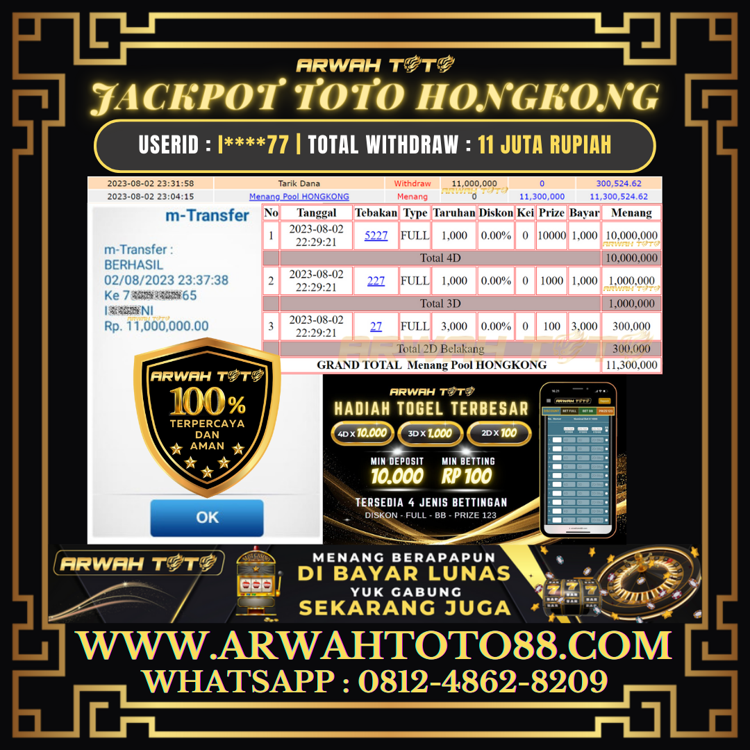 Bukti Pembayaran JP ARWAH TOTO LUNAS Jackpot HONGKONG Withdraw Berhasil Rp 11.000.000