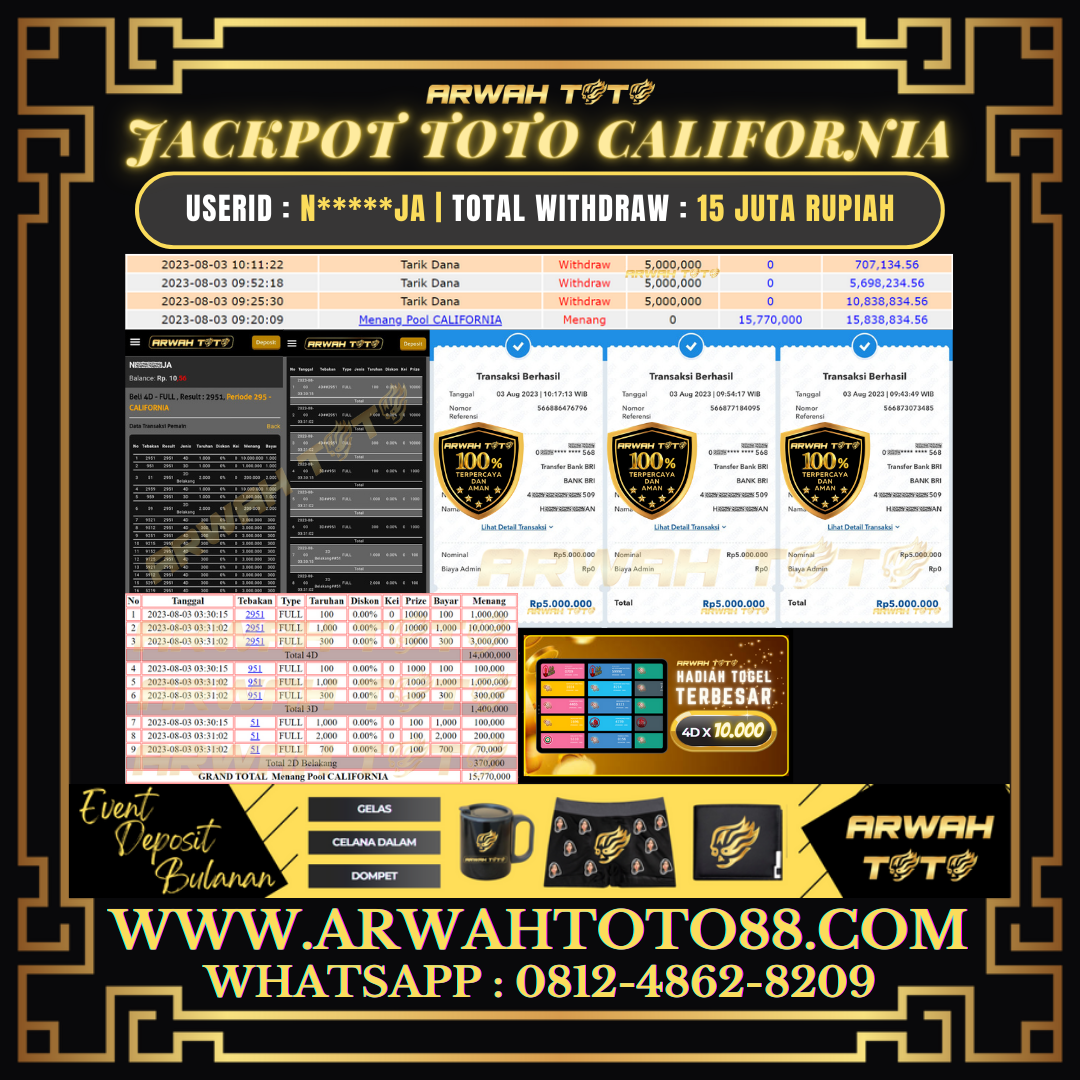 Bukti Pembayaran JP ARWAH TOTO LUNAS Jackpot TOTO CALIFORNIA Withdraw Berhasil Rp 15.000.000