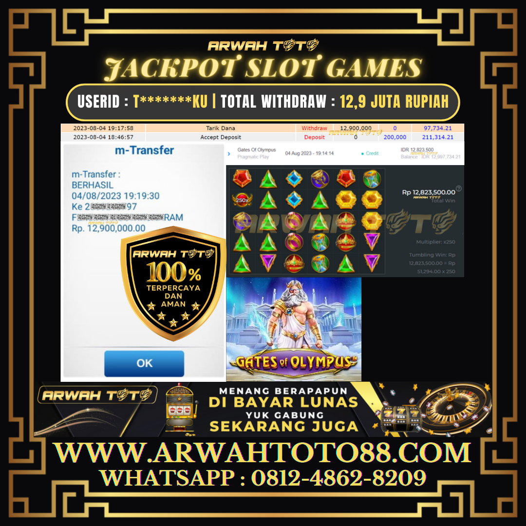 Bukti Pembayaran JP ARWAH TOTO LUNAS Jackpot SLOT Withdraw Berhasil Rp 12.900.000